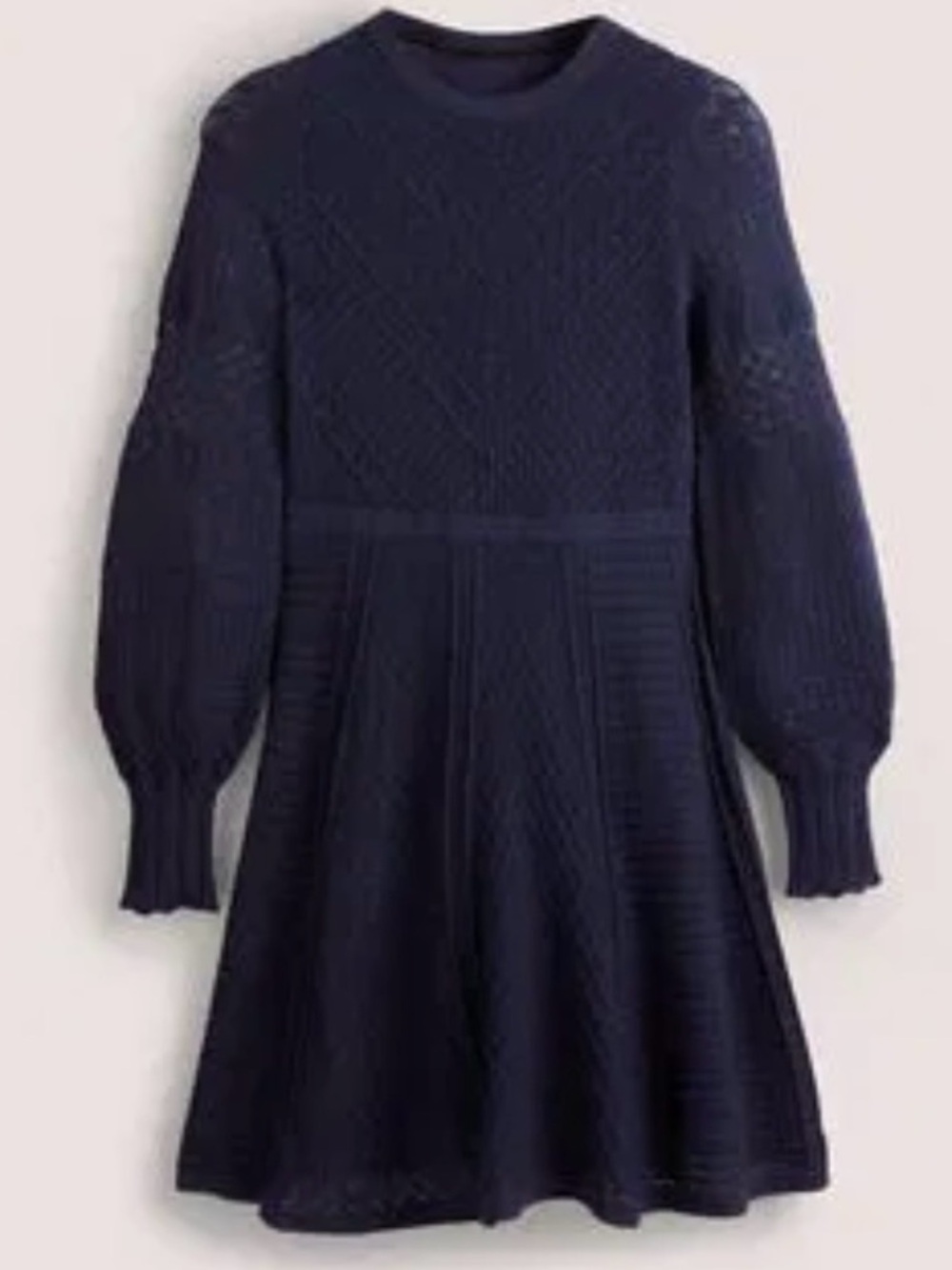 Boden Pointelle Knitted Wool Blend Mini Fit & Flare Sweater Dress Black Sz 10